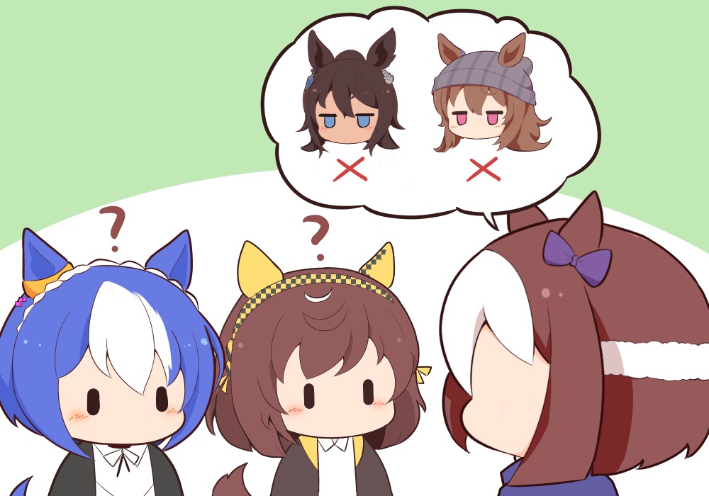 5girls ? animal_ears beanie black_jacket black_ribbon blue_eyes blue_hair blush bow brown_hair buena_vista_(umamusume) cesario_(umamusume) chibi chibi_only collared_shirt commentary_request doting_parent ear_bow empty_eyes gomashio_(goma_feet) green_background grey_hat hairband hat horse_ears horse_girl horse_tail jacket jitome multicolored_hair multiple_girls nakayama_festa_(umamusume) neck_ribbon no_mouth pink_eyes purple_bow ribbon shirt short_hair special_week_(umamusume) speech_bubble streaked_hair symboli_kris_s_(umamusume) tail two-tone_background two-tone_hair umamusume white_background white_hair white_shirt x yellow_hairband |_|