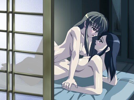 00s 2girls arm_support bare_arms bare_shoulders blue_hair blush breasts brown_hair cleavage couple eye_contact female_focus fujino_shizuru futon girl_on_top holding_hands hanging_breasts indoors kuga_natsuki large_breasts long_hair looking_at_another lying moaning multiple_girls my-hime nude on_back open_mouth profile sanshita shouji sliding_doors yuri