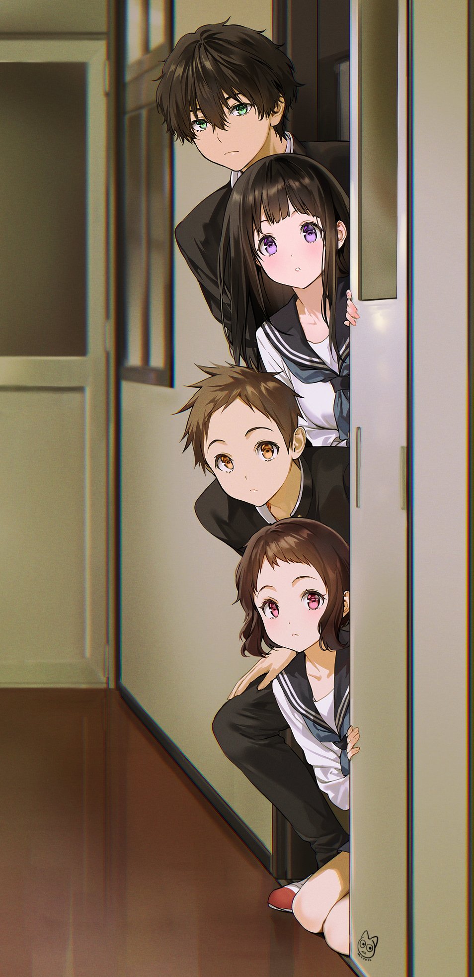 2boys 2girls artist_logo brown_eyes brown_hair chitanda_eru cropped fukube_satoshi green_eyes grey_neckerchief highres hyouka ibara_mayaka indoors kamiyama_high_school_uniform_(hyouka) logo mery_(yangmalgage) multiple_boys multiple_girls neckerchief non-web_source oreki_houtarou purple_eyes school_uniform shoes short_hair