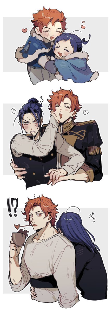 !? 2boys age_progression aged_down angry black_jacket black_vest blue_capelet blue_hair blush border c4vknggjci51182 capelet child clasp closed_eyes commentary couple cup dark_blue_hair dress_shirt epaulettes felix_hugo_fraldarius fire_emblem fire_emblem:_three_houses fur-trimmed_capelet fur-trimmed_mittens fur_trim gold_trim gold_wrist_cuffs hair_between_eyes hair_bun hand_around_waist hand_on_another&#039;s_cheek hand_on_another&#039;s_face happy heart high_ponytail highres holding holding_cup hug hug_from_behind jacket layered_clothes long_hair long_sleeves looking_at_another male_focus mittens multiple_boys multiple_views nintendo open_mouth orange_eyes orange_hair pants parted_bangs ponytail shirt short_ponytail shoving single_hair_bun sleeves_rolled_up squiggle sweat sweatdrop sylvain_jose_gautier tassel teeth tsundere upper_teeth_only vest white_border white_fur white_pants white_shirt wrist_cuffs yaoi