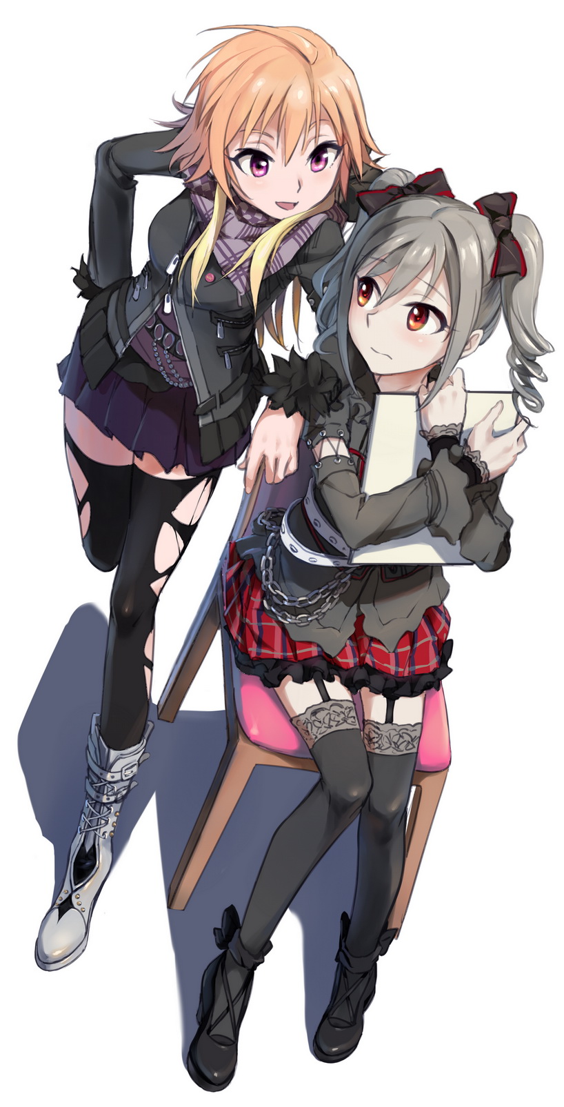 10s 2girls :d ahoge arm_support ascot bad_id bad_pixiv_id badge black_footwear black_legwear boots bow char checkered_clothes checkered_skirt detached_sleeves drill_hair full_body garter_straps grey_eyes hair_bow hiding highres idolmaster idolmaster_cinderella_girls kanzaki_ranko kisetsu knee_boots leaning long_sleeves multiple_girls ninomiya_asuka open_mouth orange_eyes orange_hair pink_eyes purple_skirt red_skirt shoes sitting skirt smile thighhighs torn_clothes torn_legwear twin_drills unzipped wavy_mouth white_background zettai_ryouiki zipper