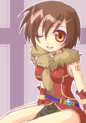 1girl breasts brown_hair female_focus fur jewelry lowres meiko_(vocaloid) oekaki one_eye_closed professor professor_(ragnarok_online) ragnarok_online shirokuro_(lapinnoir) short_hair smile solo tattoo vocaloid wink