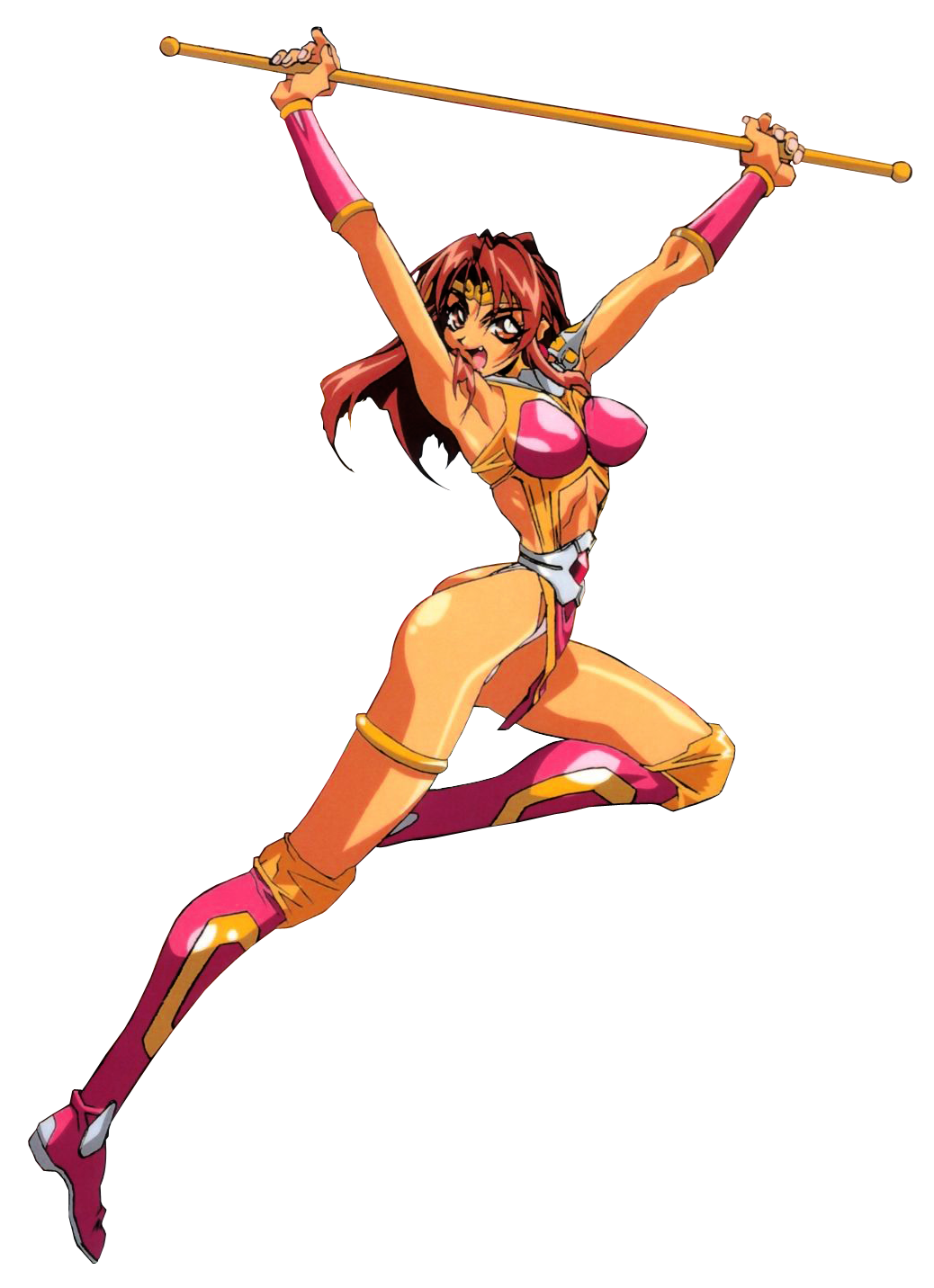 1990s_(style) armor armpits arms_up ass brown_hair choujin_gakuen_gowcaizer earrings fang highres jewelry oobari_masami power_suit retro_artstyle skinny son_karin spandex tan technos