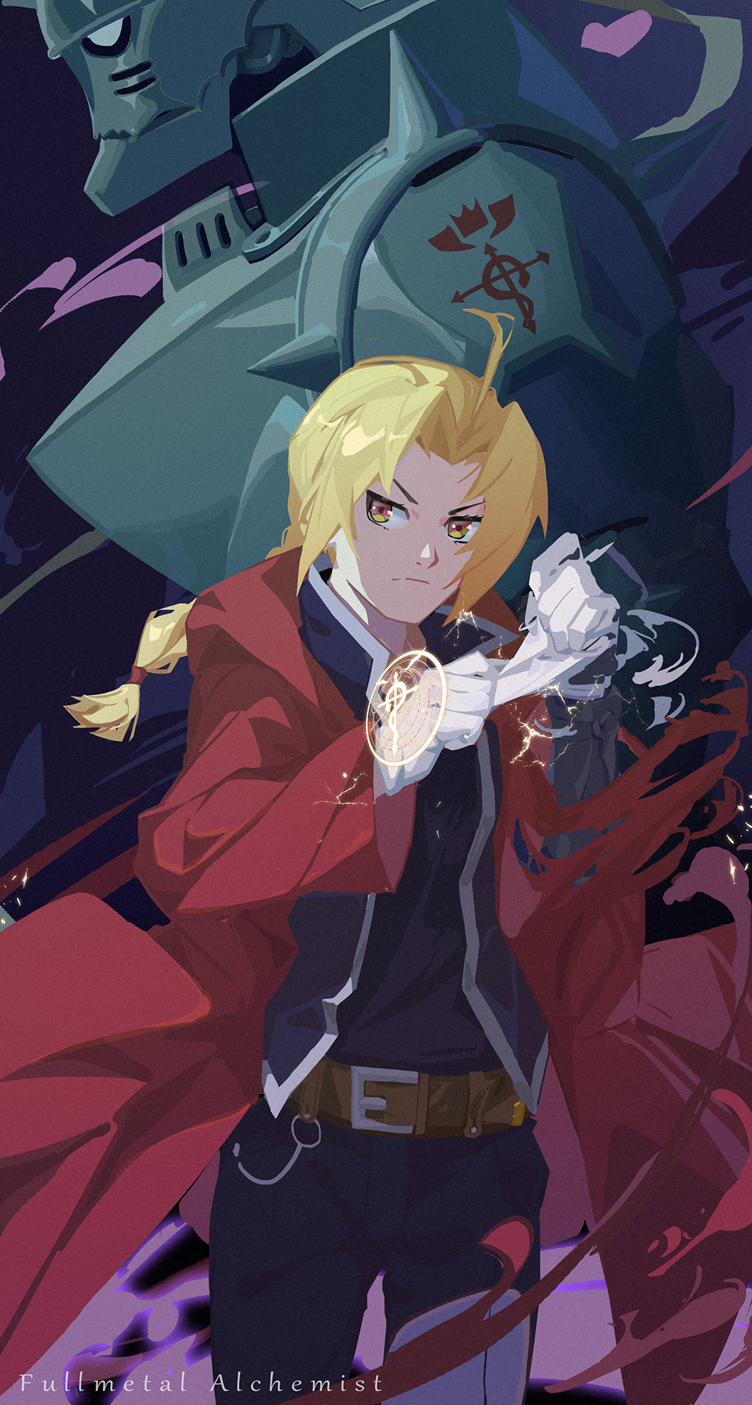 2boys ahoge alchemy alphonse_elric amestris_military_uniform armor automail belt blonde_hair braid braided_ponytail brothers coat cowboy_shot edward_elric english_text flamel_symbol full_armor fullmetal_alchemist gloves highres living_armor long_hair looking_to_the_side male_focus mechanical_arms middle_part multiple_boys onion-lc pants profile prosthesis prosthetic_arm red_coat shirt siblings simple_background single_mechanical_arm torn_clothes yellow_eyes
