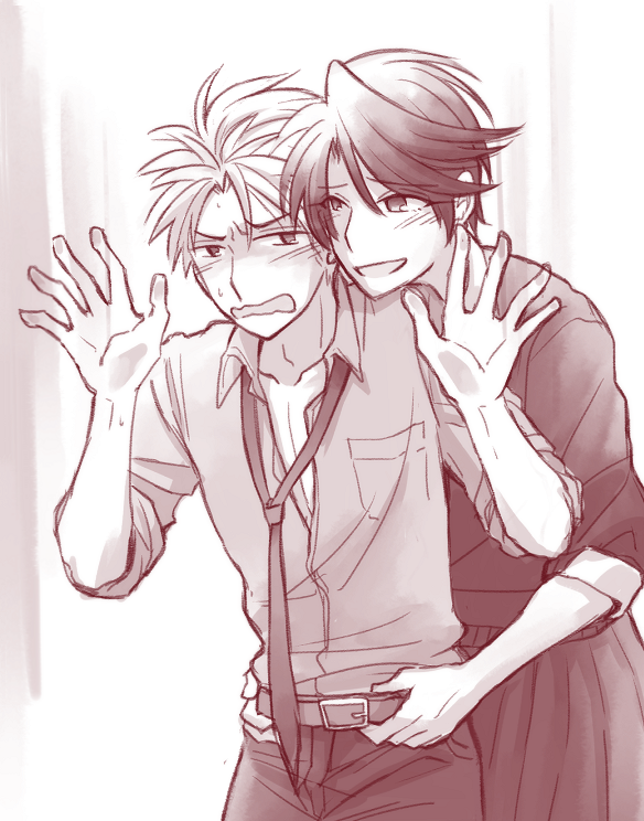 1boy 1girl against_glass androgynous assertive_female commentary_request gekkan_shoujo_nozaki-kun greyscale hands_on_another&#039;s_hips hetero hori_masayuki kashima_yuu loose_necktie monochrome necktie open_mouth partially_unbuttoned pleated_skirt school_uniform short_hair skirt sleeves_rolled_up smile sweat takana_x123 wavy_mouth