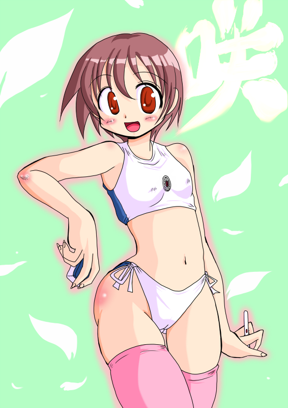 1girl bikini blush breasts brown_hair cherry_blossoms green_background holding looking_at_viewer marinba miyanaga_saki navel open_mouth petals pink_thighhighs red_eyes saki_(manga) short_hair side-tie_bikini_bottom small_breasts smile sports_bikini sports_bra standing swimsuit thighhighs white_sports_bra