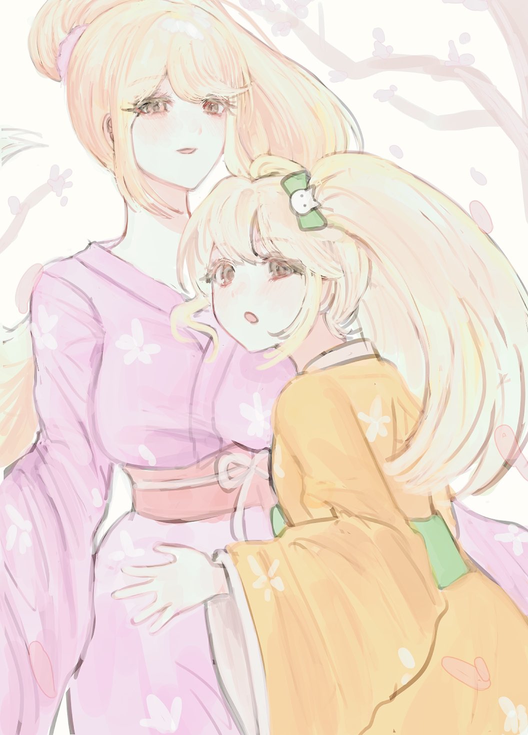 :o blonde_hair blush bow breasts cat_hair_ornament danganronpa_(series) danganronpa_2:_goodbye_despair danganronpa_3_(anime) dual_persona hair_bow hair_ornament highres japanese_clothes kimono large_breasts long_hair long_sleeves mollass-eo multiple_girls obi open_mouth orange_kimono pink_kimono saionji_hiyoko sash smile twintails wide_sleeves