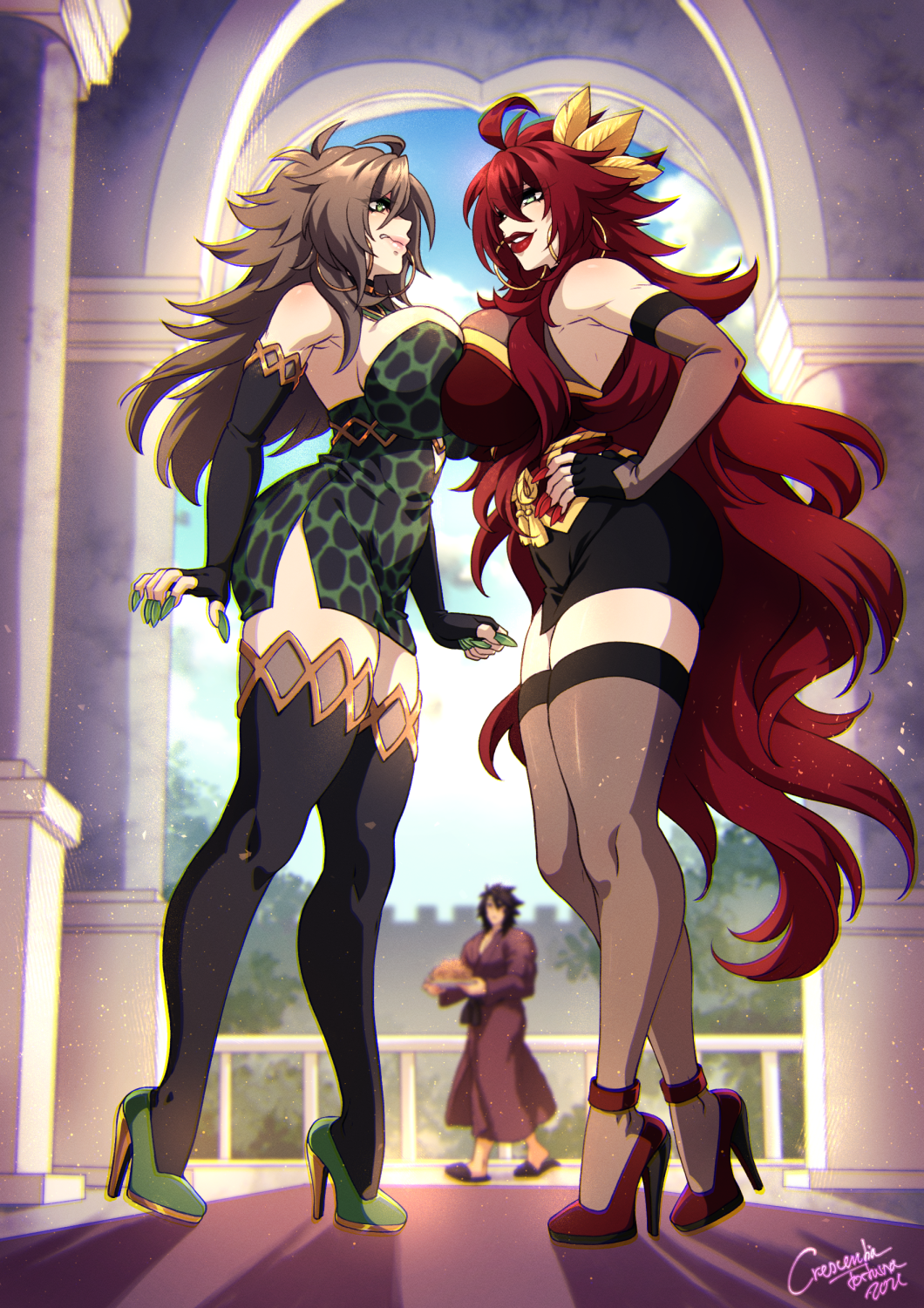 2girls black_skirt breast_press breasts brown_hair catfight commentary crescentia_fortuna deathblight dress earrings elbow_gloves english_commentary feather_hair_ornament feathers fingerless_gloves fingernails gloves green_eyes hair_ornament hand_on_own_hip high_heels highres hoop_earrings jewelry large_breasts lips long_fingernails long_hair miniskirt multiple_girls pencil_skirt red_bustier red_hair red_lips short_dress skirt snake_print standing strapless strapless_dress symmetrical_docking thighhighs very_long_hair