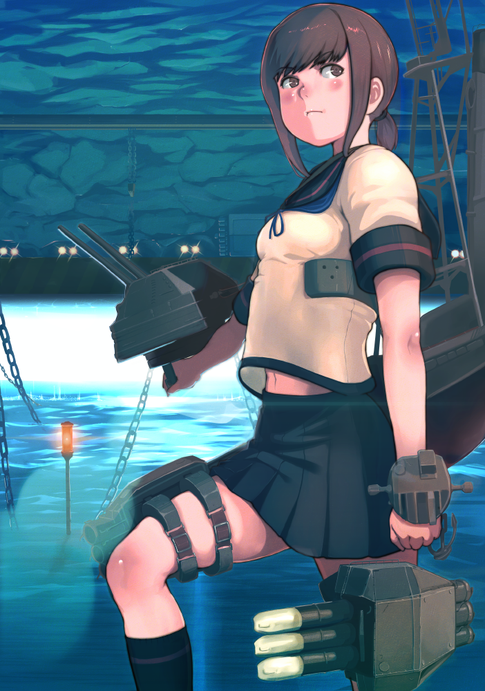 10s 1girl beacon black_skirt black_socks brown_eyes brown_hair cannon female_focus fubuki_(kancolle) fubuki_kai_ni_(kancolle) kantai_collection long_hair low_ponytail machinery pleated_skirt ponytail school_uniform serafuku ship_turret short_ponytail sidelocks skirt socks solo takemaru08