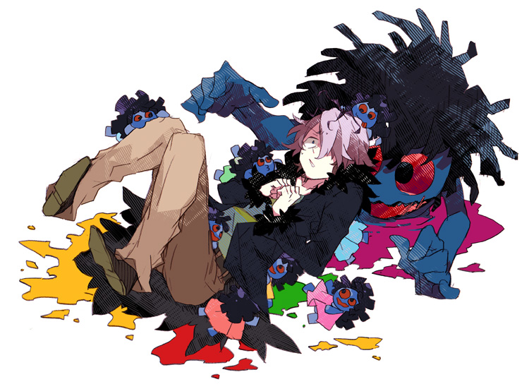 1boy belt black_belt black_coat black_shoes blue_eyes brown_pants clenched_hands clenched_teeth coat doll doll_(ib) full_body fur-trimmed_coat fur-trimmed_sleeves fur_trim furrowed_brow garry_(ib) green_shirt hair_over_one_eye ib_(kouri) knees_up long_sleeves lying male_focus on_back open_clothes open_coat oversized_object paint_splatter pants purple_hair scared shigetake_(buroira) shirt shoes short_hair solo sweatdrop teeth torn_clothes torn_coat white_background wide-eyed