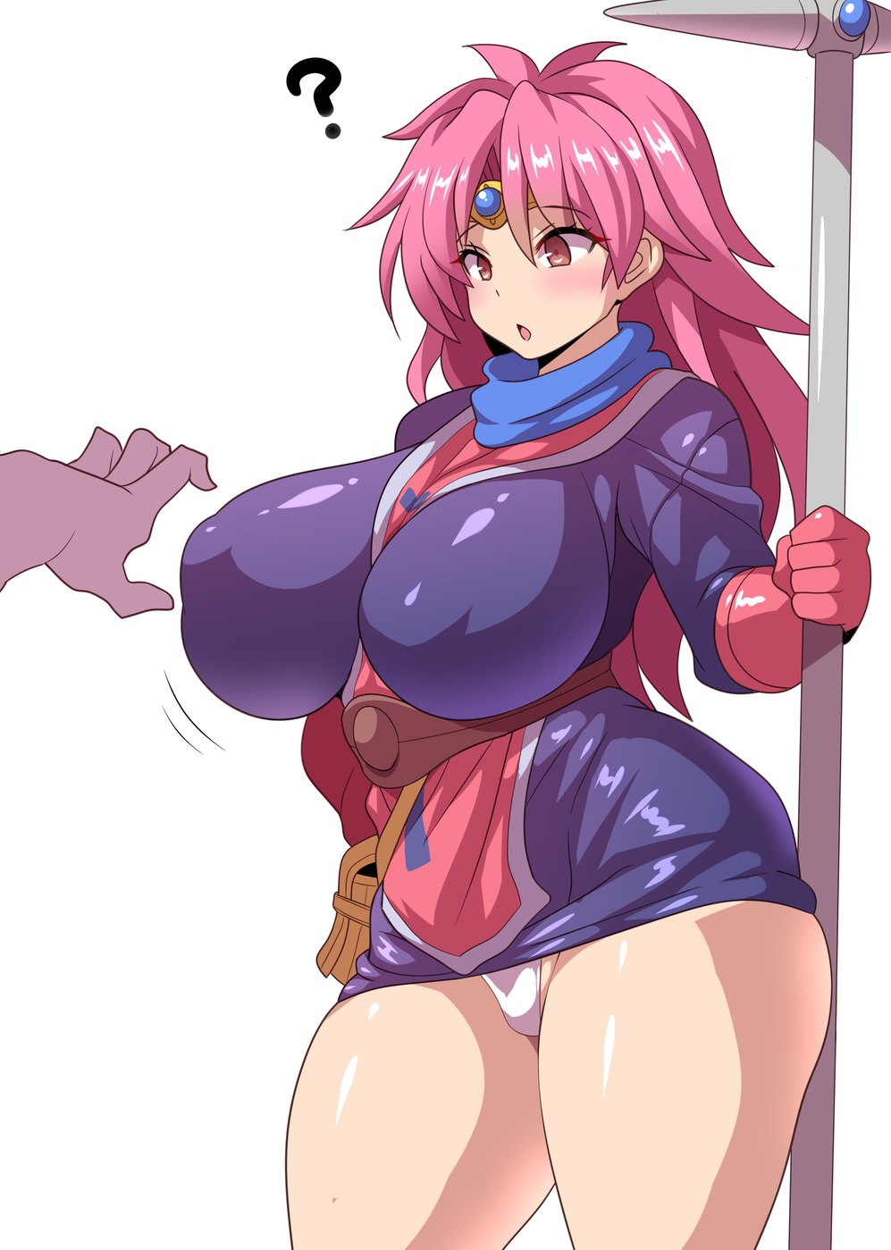 1girl blush breasts brown_eyes dragon_quest dragon_quest_dai_no_daibouken covered_erect_nipples gloves hand_up highres huge_breasts konno_tohiro maam miniskirt open_mouth panties pink_hair skirt staff thick_thighs thighs underwear wide_hips