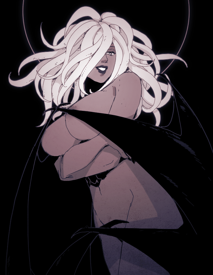 1girl berserk breasts dark-skinned_female dark_skin greyscale hair_over_one_eye hanpetos large_breasts monochrome navel nipples nude slan_(berserk) solo tentacle_hair wing_censor wings