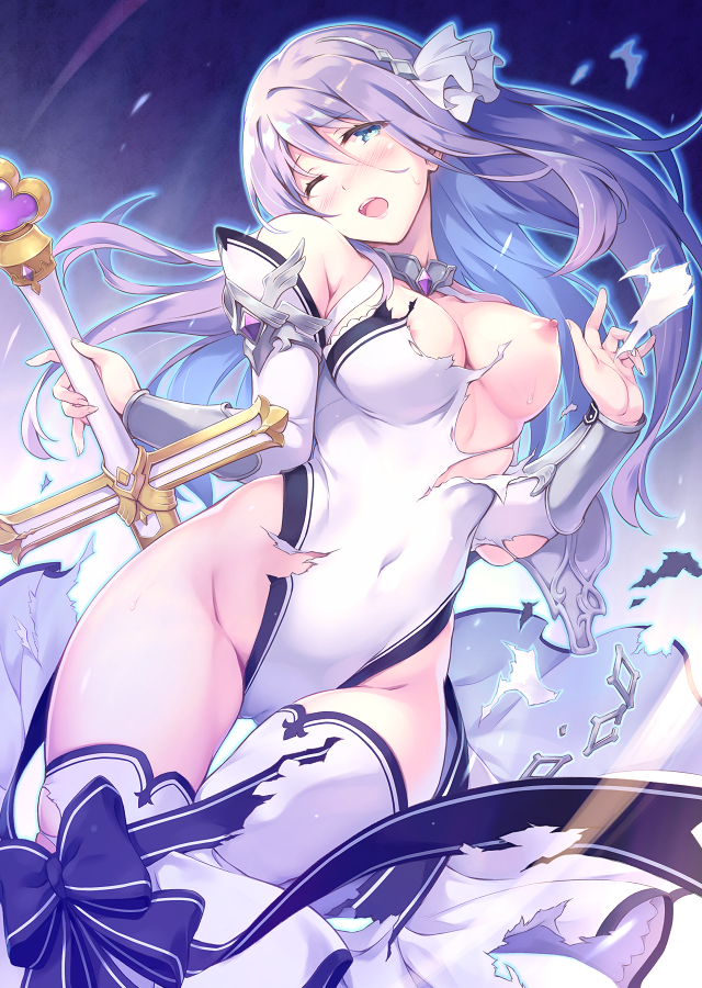 1girl arm_guards blue_eyes blush breasts cameltoe covered_navel detached_sleeves exploding_clothes grimace groin hair_between_eyes hairband highleg highleg_leotard itoichi. leotard long_hair looking_at_viewer medium_breasts nipples no_bra one_eye_closed princess_connect! purple_hair shizuru_(princess_connect!) solo thigh_gap thighhighs torn_clothes torn_leotard white_hairband white_leotard white_thighhighs