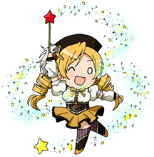 1girl 2channel ;d bad_source black_corset black_hat blonde_hair chibi chibi_only commentary_request corset drill_hair full_body hat holding holding_wand leg_up long_hair lowres magical_girl mahou_shoujo_madoka_magica mahou_shoujo_madoka_magica_(anime) maso_(ascii_art) one_eye_closed open_mouth puffy_short_sleeves puffy_sleeves ribbon shirt short_sleeves simple_background skirt smile solo sparkle star_(symbol) star_wand striped_clothes striped_thighhighs thighhighs tomoe_mami tomoe_mami_(magical_girl) twin_drills underbust vertical-striped_clothes vertical-striped_thighhighs wand white_background white_shirt yellow_ribbon yellow_skirt zettai_ryouiki