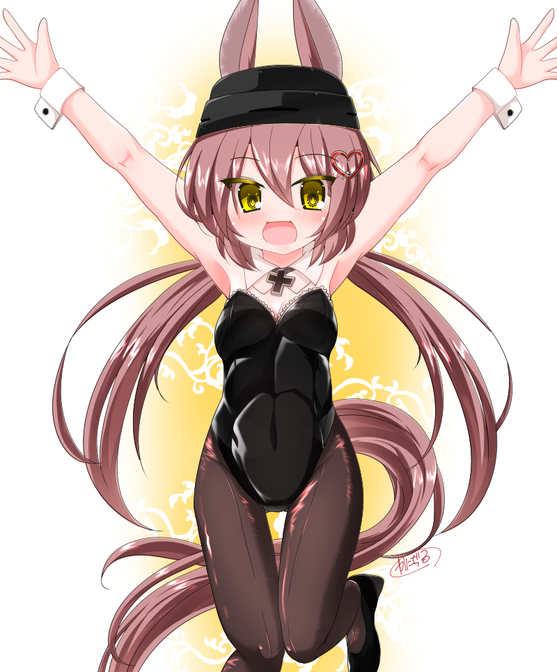 1girl animal_ears armpits arms_up bare_shoulders black_hat black_leotard black_shoes breasts brown_hair brown_pantyhose collar commentary_request cross detached_collar ears_through_headwear hair_between_eyes hair_ornament hat heart heart_hair_ornament horse_ears horse_girl horse_tail iron_cross kanijiru leotard long_hair low_twintails military_vehicle motor_vehicle original pantyhose panzer_iv personification playboy_bunny shoes signature small_breasts solo standing standing_on_one_leg strapless strapless_leotard tail tank twintails very_long_hair white_collar wing_collar wrist_cuffs yellow_eyes