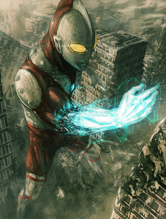 1boy alien building energy giant glowing glowing_eyes glowing_fist male_focus nurikabe_(mictlan-tecuhtli) ruins seijin solo superhero_costume ultra_series yellow_eyes zoffy_(shin)