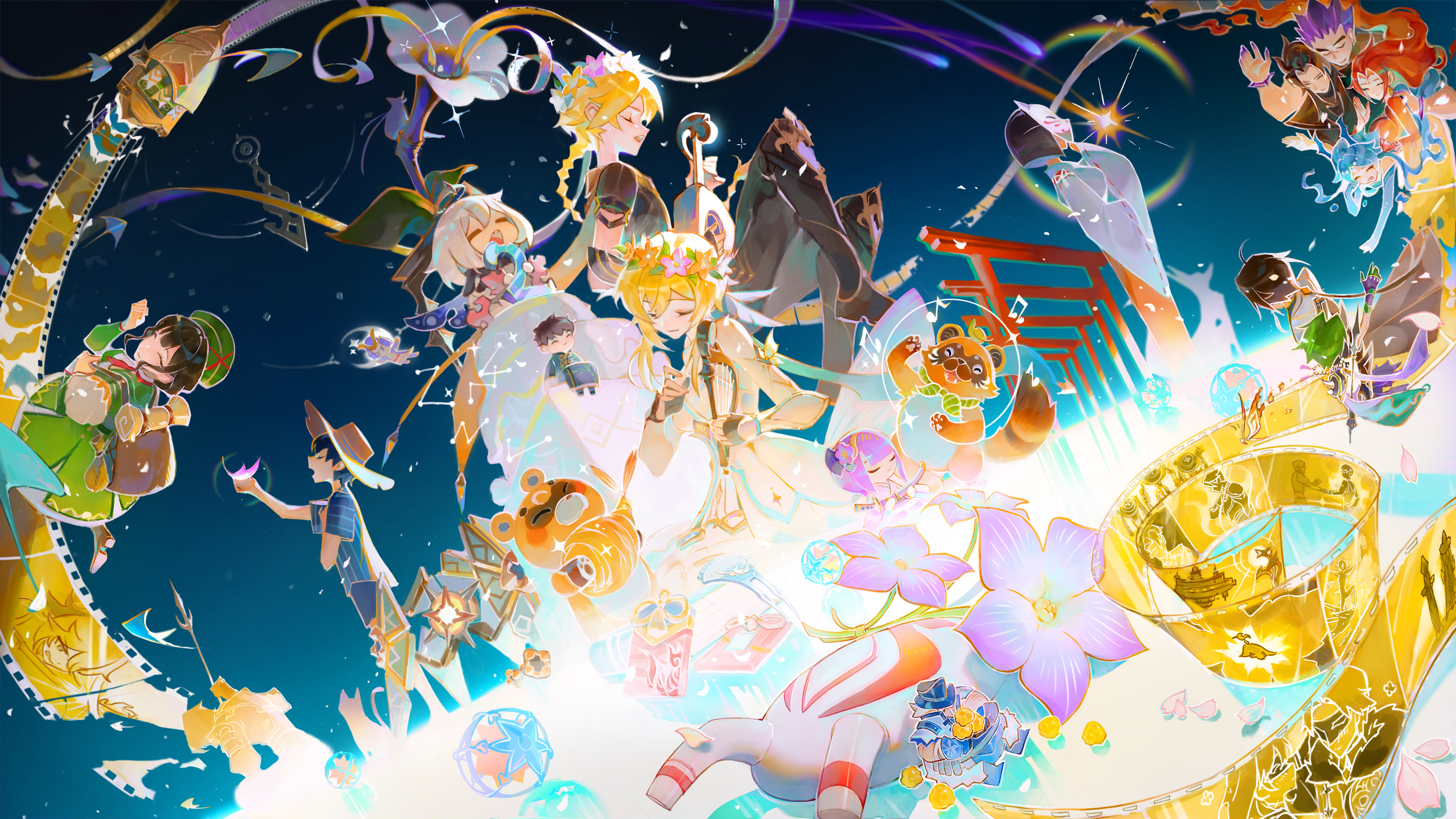 5boys 5girls absurdres aether_(genshin_impact) ball birthday_cake blonde_hair blue_sky bonanus_(genshin_impact) bosacius_(genshin_impact) brother_and_sister bug butterfly cake chinese_commentary closed_eyes commentary_request dutch_angle flower food genshin_impact guoba_(genshin_impact) hair_flower hair_ornament hanachirusato_(genshin_impact) harp head_wreath highres holding holding_instrument indarias_(genshin_impact) insect instrument lumine_(genshin_impact) lute_(instrument) mask menogias_(genshin_impact) multiple_boys multiple_girls music paimon_(genshin_impact) people playing_instrument purple_flower qiao2121 ruu_(genshin_impact) scenery shooting_star siblings sky smile standing tanuki temari_ball torii unworn_mask xiao_(genshin_impact)