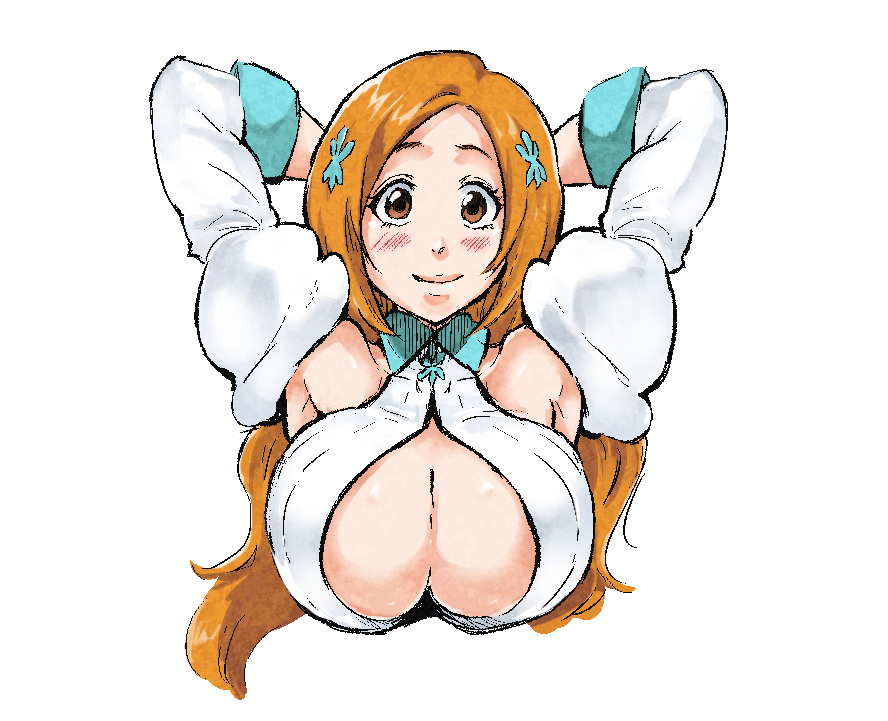 1girl arms_behind_head bare_shoulders bleach bleach:_sennen_kessen-hen blush breasts brown_eyes cleavage cleavage_cutout clothing_cutout crop_top detached_sleeves ent female_focus huge_breasts inoue_orihime juliet_sleeves large_breasts long_sleeves maxi orange_hair parted_bangs puffy_sleeves sim