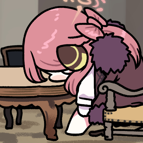 1girl aru_(blue_archive) barefoot blue_archive chair chibi coat commentary_request fur-trimmed_coat fur_trim gloves halo head_on_table horns jazz_jack long_hair lowres photo-referenced pink_hair solo table variant_set white_gloves