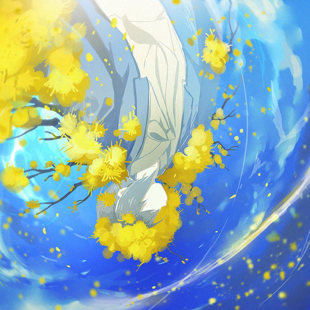 1girl blue_sky branch cloud dongbaek_(project_moon) e.g.o_(project_moon) falling_petals flaw_eight flower hair_flower hair_ornament hair_over_one_eye hanbok korean_clothes limbus_company petals plant_wings project_moon sky solo spicebush_(e.g.o) upside-down white_hanbok wings yellow_flower