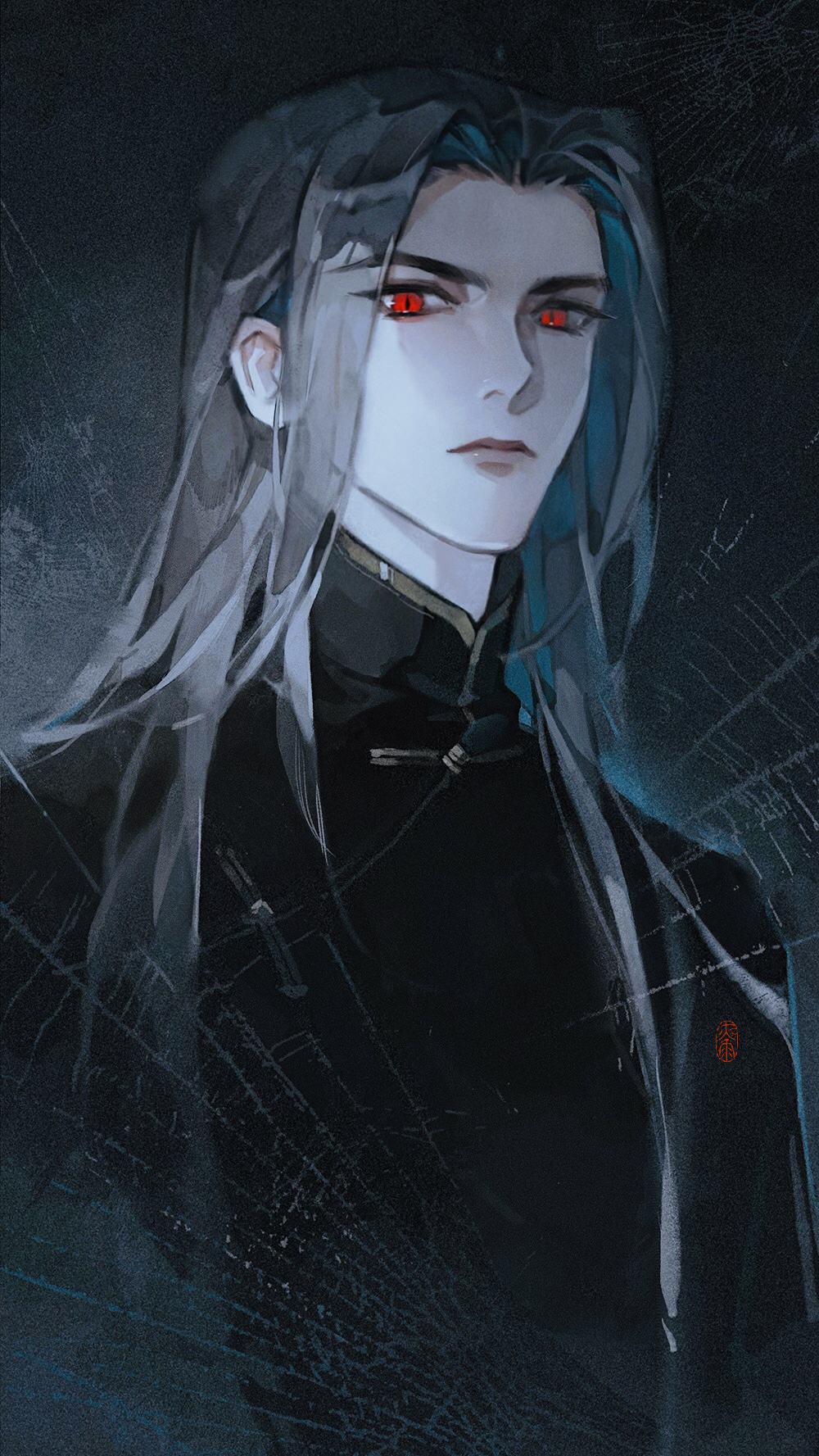 1boy black_background black_shirt chinese_clothes closed_mouth curtained_hair expressionless grey_hair hair_over_shoulder highres jinguang_budaixi laoelaoee long_hair looking_at_viewer male_focus mandarin_collar parted_bangs red_eyes seal_script shirt sidelighting silk slit_pupils solo spider_web tangzhuang upper_body wang_zhongren