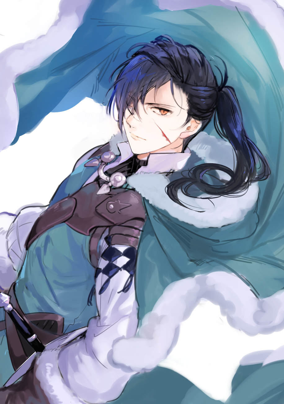 1boy aqua_cape aqua_tunic armor black_shirt blood blood_on_face brown_gloves cape cape_clasp clasp collared_shirt commentary cowboy_shot dutch_angle english_commentary felix_hugo_fraldarius felix_hugo_fraldarius_(timeskip) fire_emblem fire_emblem:_three_houses fur-trimmed_cape fur-trimmed_gloves fur_trim gloves hair_over_one_eye high_collar highres injury layered_clothes leather_armor long_sleeves looking_at_viewer male_focus nintendo one_eye_covered orange_eyes pauldrons scabbard sheath shirt shoulder_armor side_cape simple_background single_pauldron solo sword tunic turtleneck umou_(user_xxhp7583) undershirt weapon white_background white_fur white_shirt