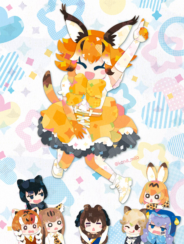 6+girls animal_ears belt black_hair black_leopard_(kemono_friends) blonde_hair blue_hair bow bowtie brown_hair caracal_(kemono_friends) cat_ears cat_girl cat_tail cheetah_(kemono_friends) elbow_gloves extra_ears gloves grey_hair hood jumping kemono_friends kemono_friends_v_project kikuchi_milo komodo_dragon_(kemono_friends) long_hair mammoth_(kemono_friends) multiple_girls necktie orange_hair serval_(kemono_friends) shirt shoes short_hair siberian_tiger_(kemono_friends) simple_background skirt tail tanuki_(kemono_friends) thighhighs upper_body virtual_youtuber