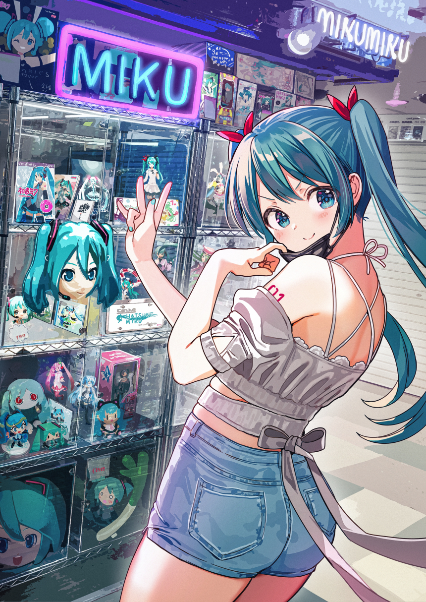 1girl aimaina annotation_request aqua_eyes aqua_hair aqua_nails ass bicute_bunnies_miku bicute_bunnies_miku_(kuroboshi) bicute_bunnies_miku_(white_bunny) black_mask blush character_doll character_name closed_mouth commentary cowboy_shot denim denim_shorts display_case doll figure figure_stage from_behind grey_shirt hachune_miku hatsune_miku hatsune_miku_(ichi_no_sakura_oka) hatsune_miku_(supreme) highres long_hair looking_at_viewer mask mask_pull melt_(vocaloid) more_more_jump!_miku mouth_mask natsufuku_miku nendoroid neon_lights nishizawa off-shoulder_shirt off_shoulder partially_annotated project_diva_(series) project_sekai sakura_miku senbonzakura_(vocaloid) shirt shorts solo spaghetti_strap spring_onion taito_four_seasons_figure_(vocaloid) twintails vampire_(vocaloid) vocaloid yuki_miku yuki_miku_(2011)