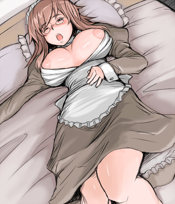 1girl bed blush breasts female_focus futaba_channel glasses indoors large_breasts lying maid nemui nijiura_maids nipple_slip nipples no_bra on_back open_clothes pince-nez solo