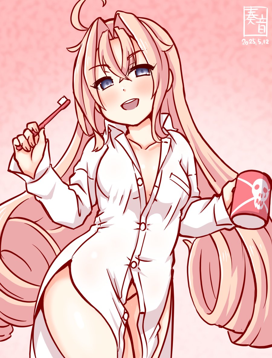 1girl ahoge alternate_costume artist_logo breasts collared_shirt commentary_request cowboy_shot cup dated dress_shirt drum_(kancolle) gradient_background grey_eyes hair_rings kanon_(kurogane_knights) kantai_collection logo long_hair looking_at_viewer mug no_panties one-hour_drawing_challenge open_mouth pink_background pink_hair round_teeth shirt skull_print small_breasts solo teeth toothbrush upper_teeth_only very_long_hair white_shirt
