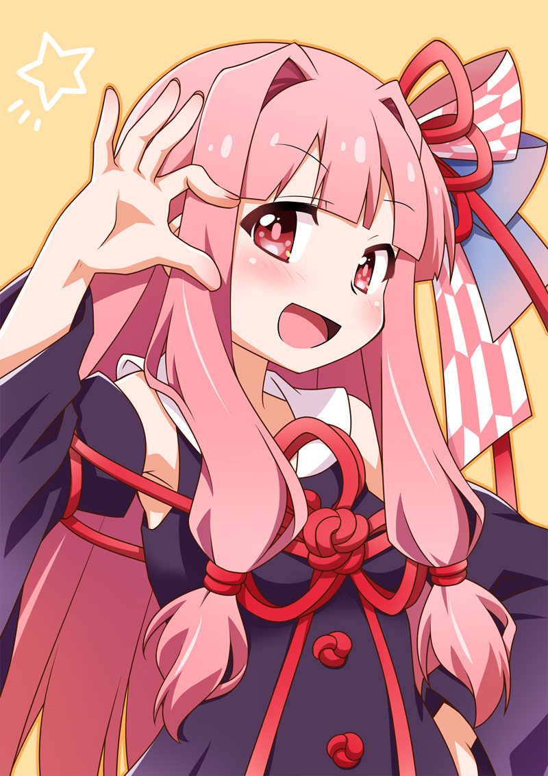 1girl :d akou_roushi blue_bow blush bow detached_sleeves dress hair_bow hair_intakes kotonoha_akane large_bow looking_at_viewer low-tied_sidelocks open_mouth orange_background orange_outline outline pinching_gesture pink_bow pink_eyes pink_hair sidelocks simple_background smile solo star_(symbol) tareme upper_body voiceroid