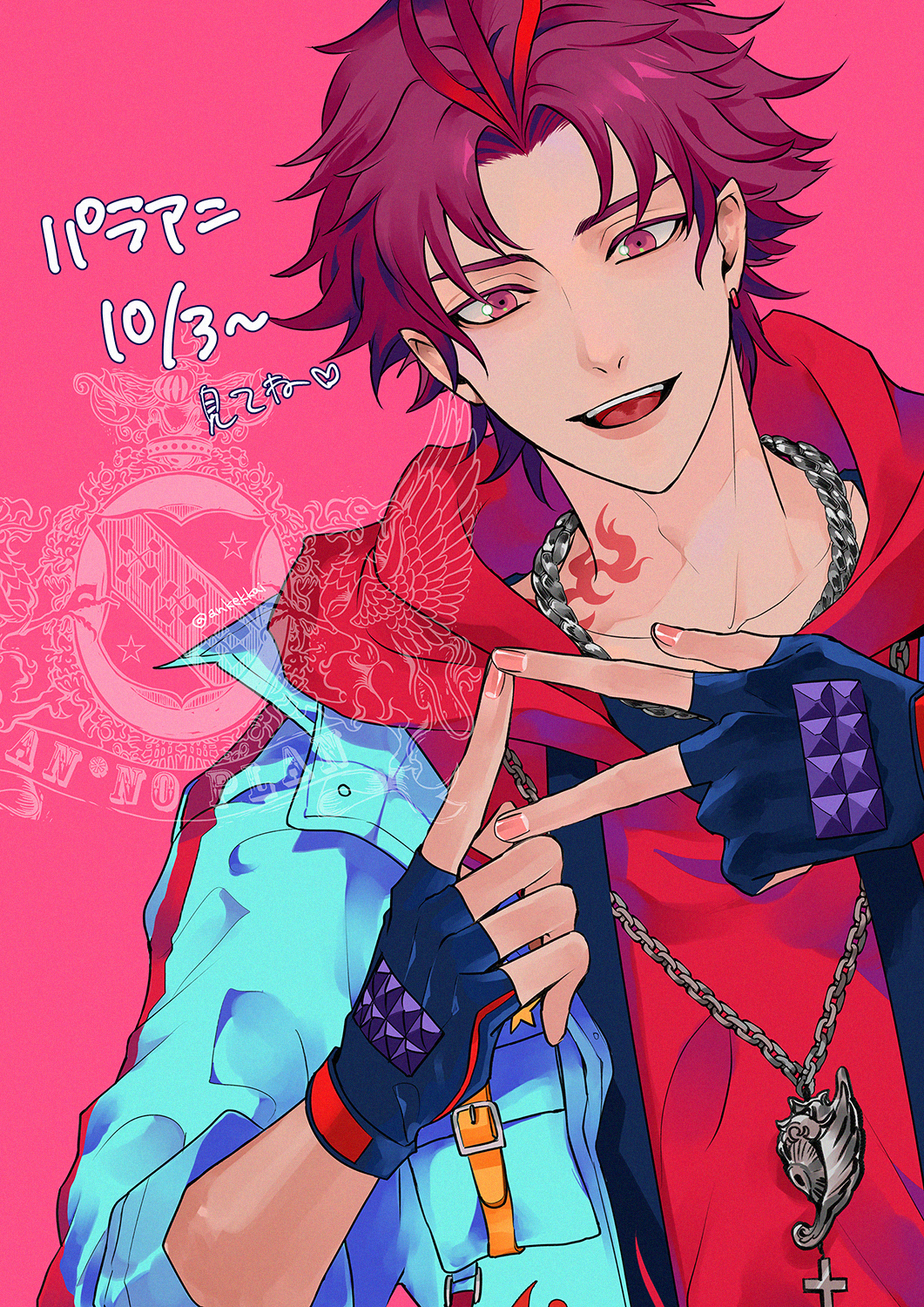 1boy ankekkai antenna_hair black_gloves blue_jacket chain chain_necklace earrings fingerless_gloves fingernails gloves highres hood hood_down hoodie jacket jewelry looking_at_viewer male_focus multicolored_hair neck_tattoo necklace open_mouth paradox_live pink_background red_eyes red_hair red_hoodie simple_background smile solo streaked_hair sugasano_allen tattoo teeth upper_body watermark