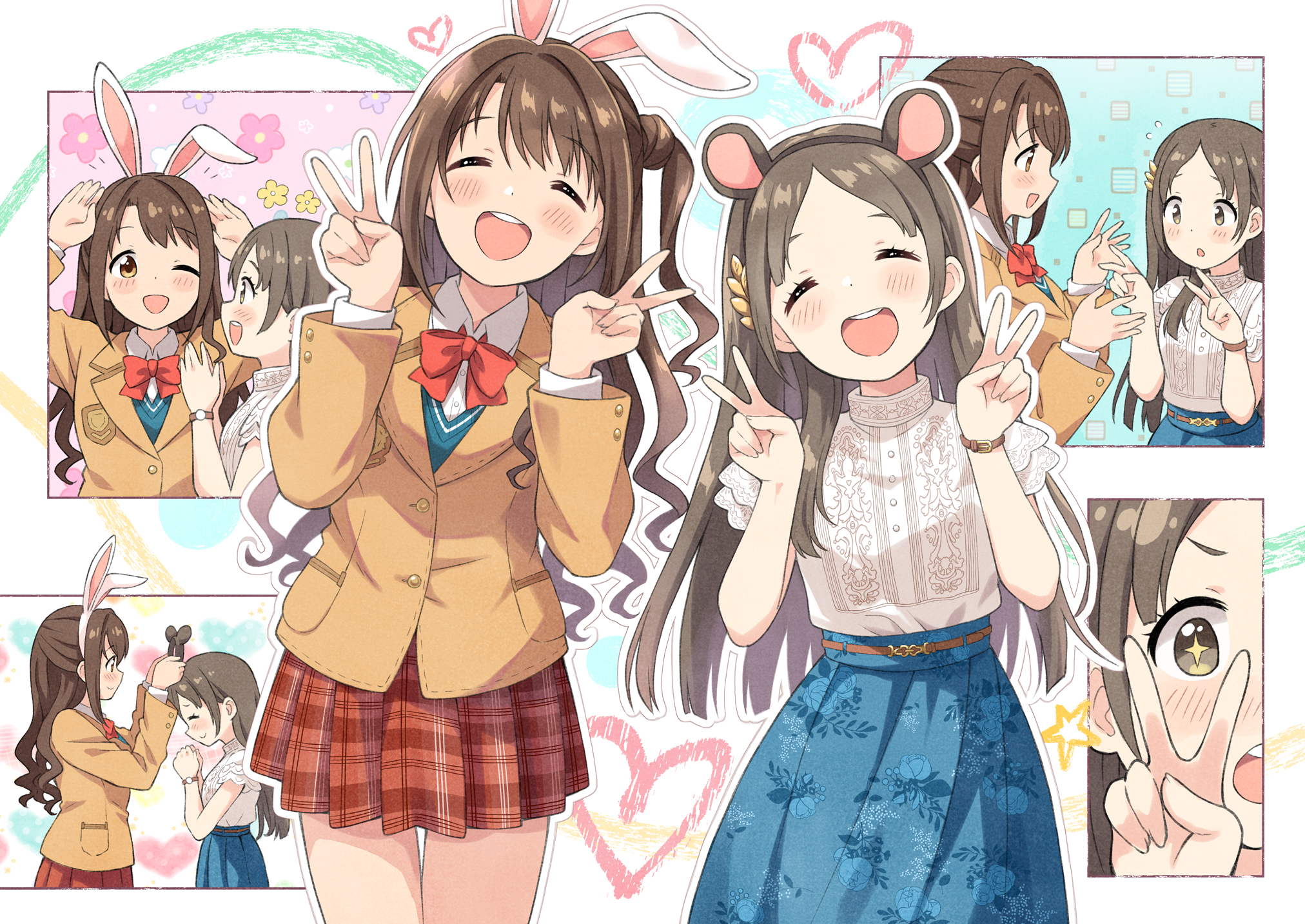 +_+ 2girls ;d ^_^ animal_ear_hairband animal_ears aqua_skirt blush brown_hair brown_jacket brown_skirt clapping closed_eyes commentary_request dekosuke double_v fake_animal_ears gakuen_idolmaster hairband hamster_ears heart highres idolmaster idolmaster_cinderella_girls in-franchise_crossover jacket kuramoto_china long_hair multiple_girls multiple_views one_eye_closed one_side_up open_mouth outline plaid_clothes plaid_skirt pleated_skirt rabbit_ears shimamura_uzuki shirt skirt smile straight_hair upper_body v very_long_hair white_outline white_shirt