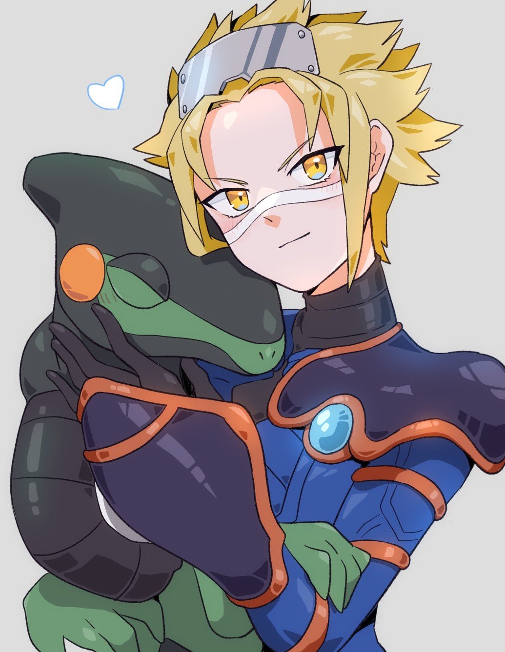 1boy blonde_hair blue_coat coat cyclizar facepaint gloves gohan_(horth-waribasi) heart highres holding holding_pokemon long_sleeves looking_at_viewer male_focus nintendo pokemon pokemon_(creature) pokemon_colosseum short_hair smile upper_body wes_(pokemon) yellow_eyes
