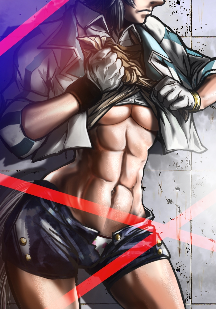 1girl abs black_hair breasts buttons closed_mouth collared_shirt commentary_request cowboy_shot cropped_jacket food_print fruit_print gloves head_out_of_frame horse_tail jacket large_breasts mejiro_ryan_(down_the_line)_(umamusume) mejiro_ryan_(umamusume) no_bra open_clothes open_fly open_jacket open_shorts panties panty_peek print_panties shirt shirt_under_shirt short_shorts shorts solo stomach strawberry_panties strawberry_print tail tied_shirt toned toned_female umamusume umayasu unbuttoned underboob underwear white_gloves wing_collar