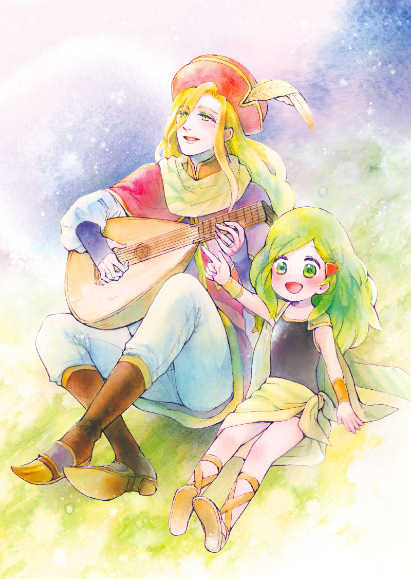 1boy 1girl blonde_hair blush bracer cape child edward_chris_von_muir feathers final_fantasy final_fantasy_iv full_body green_eyes green_hair hair_ornament hat instrument long_hair mitsuharu_nene open_mouth rydia_(ff4) rydia_(young)_(ff4) smile