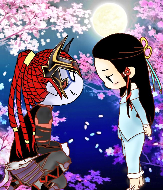 1boy 1girl armor bare_shoulders black_hair blush boots braid fuuma_kotarou hair_ornament hayakawa-dono headgear japanese_clothes long_hair moon pajamas pants red_hair sengoku_musou tattoo