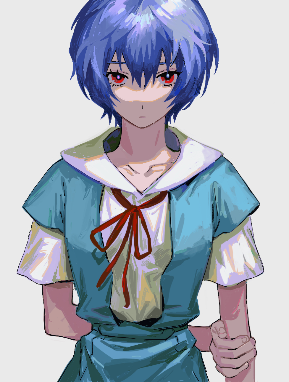 1girl arm_behind_back ayanami_rei blue_dress blue_hair collarbone collared_shirt dress expressionless hand_on_own_arm highres looking_at_viewer neck_ribbon neon_genesis_evangelion pinafore_dress red_eyes ribbon sailor_collar school_uniform shirt short_hair short_sleeves simple_background sleeveless sleeveless_dress solo standing straight-on takushi_(taxi739) upper_body white_background white_shirt