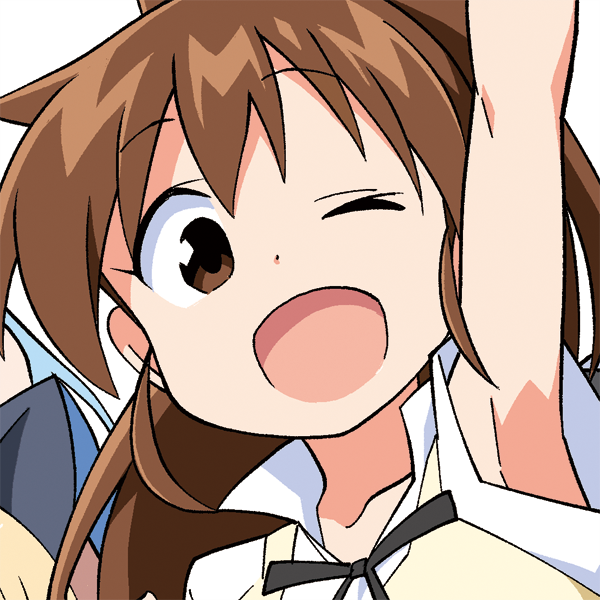 1girl anbe_masahiro arm_up armpits brown_eyes brown_hair cropped one_eye_closed portrait sidelocks solo taneshima_popura working!!