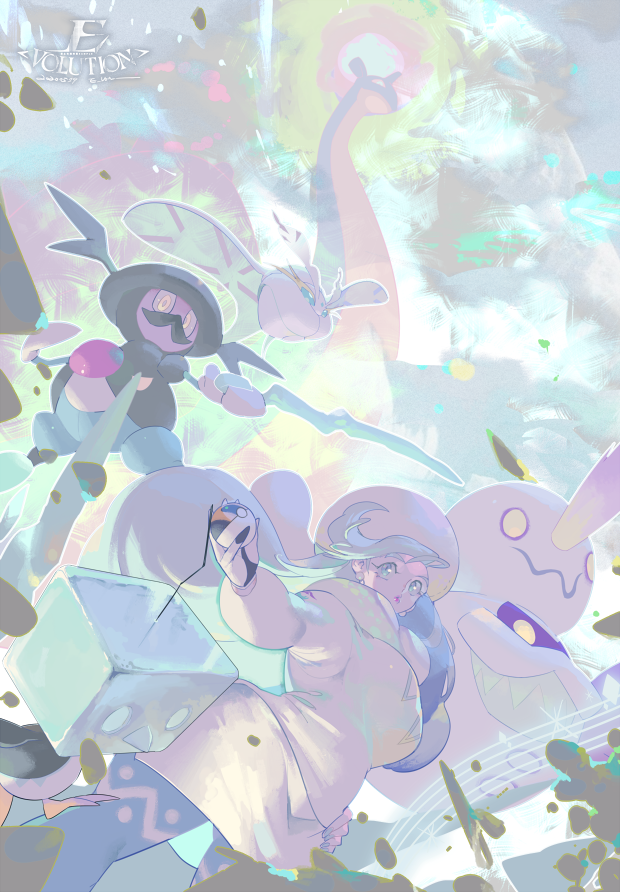 1girl e_volution earrings eiscue eyelashes frosmoth fur_hat galarian_darmanitan galarian_form game_freak gen_1_pokemon gen_8_pokemon gigantamax gigantamax_lapras gloves green_hair gym_leader hand_on_own_hip hat holding holding_poke_ball jewelry lapras long_hair long_sleeves mature_female melony_(pokemon) mr._rime nintendo poke_ball pokemon pokemon_(creature) pokemon_swsh scarf single_glove sweater ultra_ball watermark white_headwear white_scarf white_sweater