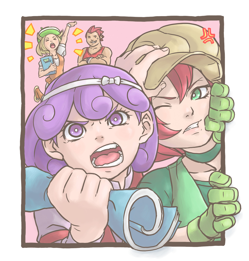 &gt;:d 1boy 3girls :d :o anger_vein bad_id bad_pixiv_id bare_shoulders beret bianca_(pokemon) blonde_hair border breaking_through_window burgundy_(pokemon) choker clenched_teeth closed_eyes crossed_arms flat_cap framed_image georgia_(pokemon) gloves green_eyes green_gloves hand_on_another&#039;s_head hat headband holding leg_up looking_at_viewer map multiple_girls muscular myuutau_tadakichi nervous_smile nintendo open_mouth paper pink_background pokemon pokemon_(anime) pokemon_bw123 pokemon_bw_(anime) purple_eyes purple_hair red_hair shirt shouting simple_background sleeveless sleeveless_shirt smile standing standing_on_one_leg stephan_(pokemon) tank_top teeth v-shaped_eyebrows vest wince