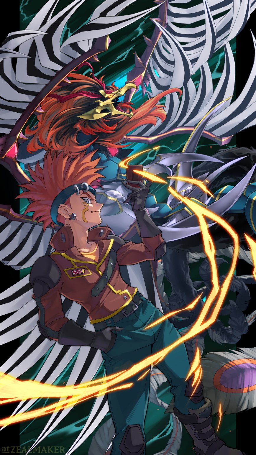 1boy aqua_pants artist_name beak black-winged_dragon black_hair black_skin brown_jacket card colored_skin commentary_request commission crow_hogan dragon earrings facial_mark foot_out_of_frame glowing glowing_eyes grey_eyes hairband hand_in_pocket highres holding holding_card jacket jewelry male_focus medium_hair multicolored_hair orange_hair pants sharp_teeth skeb_commission teeth trading_card two-tone_hair yellow_eyes yu-gi-oh! yu-gi-oh!_5d&#039;s zealmaker