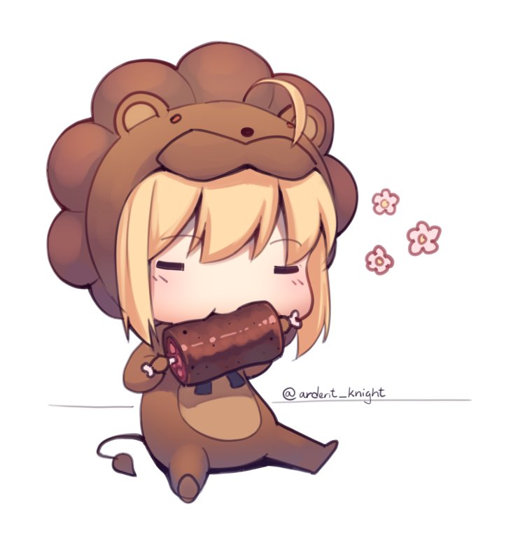 1girl :t =_= ahoge animal_costume artoria_pendragon_(fate) blonde_hair boa_(brianoa) boned_meat chibi eating fate/tiger_colosseum fate_(series) female_focus food holding holding_food lion_costume meat saber_lion simple_background sitting solo twitter_username white_background wide_face