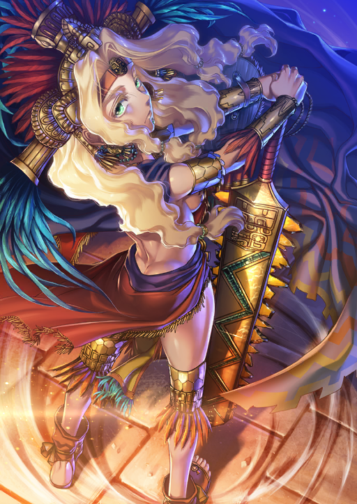 1girl ass aztec blonde_hair blue_cape blue_sash bracer breasts butt_crack cape chin_piercing closed_mouth club_(weapon) colored_eyelashes curtained_hair earrings expressionless fate/grand_order fate_(series) feathers fringe_trim from_above from_behind full_body gold_armlet gold_choker gold_earrings green_eyes hair_tie hands_on_hilt headband headdress hiroe_rei holding holding_club holding_shield holding_weapon jewelry knee_armor light_particles lips long_hair looking_at_viewer looking_back looking_up low-tied_long_hair low-tied_sidelocks median_furrow no_shirt no_socks official_art orange_headband pelvic_curtain planted_club poncho quetzalcoatl_(fate) red_skirt sandals sash shield sideboob sidelocks skirt solo third-party_source toes weapon wind