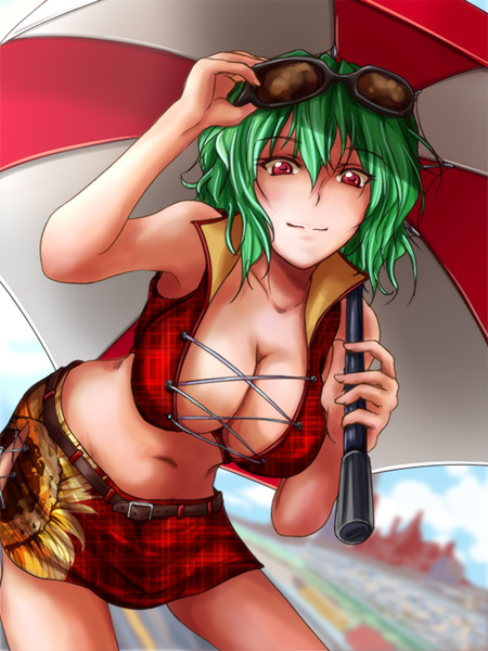 1girl adjusting_eyewear breasts cleavage closed_mouth commentary_request cowboy_shot cross-laced_clothes cross-laced_top daike_(yataka) eyewear_on_head floral_print green_hair holding holding_umbrella kazami_yuuka large_breasts leaning_forward looking_at_viewer midriff miniskirt navel plaid_clothes plaid_skirt red_eyes red_shirt red_skirt red_umbrella scarlet_devil_mansion shirt short_hair skirt sleeveless sleeveless_shirt smile solo sunflower_print sunglasses touhou umbrella white_umbrella
