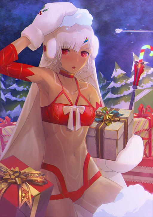 1girl :o altera_(fate) altera_the_santa_(fate) armpits bare_shoulders blush bow box breasts bright_pupils candy candy_cane choker christmas collarbone cowboy_shot dark-skinned_female dark_skin detached_sleeves fate/grand_order fate_(series) food full-body_tattoo gift gift_box groin hand_on_own_head headband holding holding_gift huke looking_at_viewer mittens navel night night_sky official_art open_mouth panties photon_ray_(fate) red_choker red_eyes red_panties red_sleeves sky small_breasts snow solo spaghetti_strap stomach tattoo third-party_source tree underwear veil white_bow white_hair white_mittens white_pupils white_veil zerco_(fate)