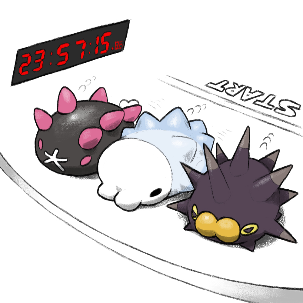 animal_focus blacknirrow finish_line gen_7_pokemon gen_8_pokemon motion_lines nintendo no_humans pincurchin pink_eyes pokemon pokemon_(creature) pokemon_focus pyukumuku racing simple_background snom white_background yellow_eyes