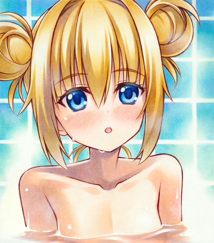 1girl :o alternate_hairstyle bare_shoulders bath bathroom blonde_hair blue_eyes blush breasts chitose_sana collarbone commentary double_bun eyelashes eyes_visible_through_hair hair_between_eyes hair_bun indoors looking_at_viewer marker_(medium) medium_hair nude open_mouth partially_submerged relaxing sidelocks small_breasts solo tenshinranman tile_wall tiles traditional_media upper_body yuto_takumi
