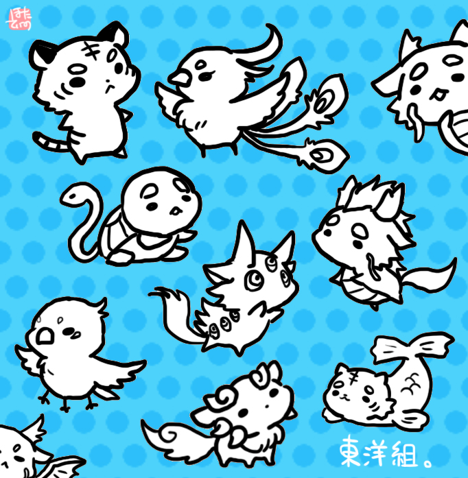 bird blue_background byakko chibi commentary_request full_body genbu hotathino no_humans original phoenix polka_dot polka_dot_background qilin_(mythology) seiryuu shachihoko suzaku tiger translation_request turtleneck yatagarasu