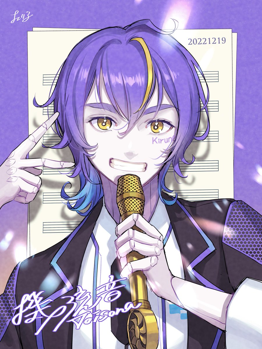 1boy blonde_hair blue_hair cherico doll_joints gradient_hair grin highres holding holding_microphone joints kirune_(voisona) male_focus microphone multicolored_hair purple_hair smile solo streaked_hair thick_eyebrows v voisona yellow_eyes